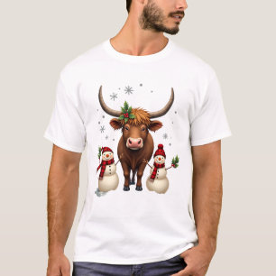 Vintage-Weihnachten Highland-Kuh mit Schneemännern T-Shirt
