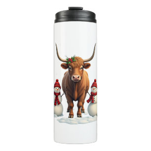 Vintage-Weihnachten Highland-Kuh mit Schneemännern Thermosbecher