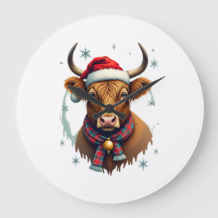 Vintage-Weihnachten Highland-Kuh-Santa-Hut Bunt Große Wanduhr