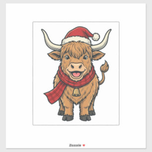 Vintage Weihnachten Highland Kuh Santa Hut Vektor_ Aufkleber