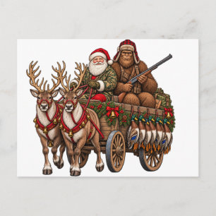 Vintage-Weihnachten-Jagd-Santa-Bigfoot-Ente Feiertagspostkarte