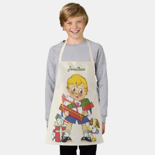 Vintage Weihnachten, Junge mit Geschenken und Hünd Schürze