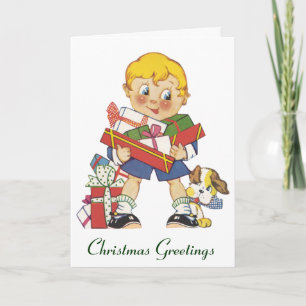 Vintage Weihnachten, Junge mit Geschenken und Welp Feiertagskarte
