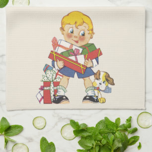 Vintage Weihnachten, Junge mit Geschenken und Welp Geschirrtuch