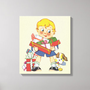 Vintage Weihnachten, Junge mit Geschenken und Welp Leinwanddruck