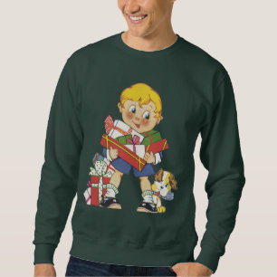 Vintage Weihnachten, Junge mit Geschenken und Welp Sweatshirt