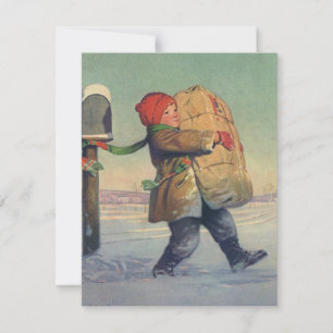 Vintage Weihnachten, Kind mit großem Paket Feiertagskarte