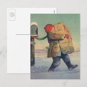 Vintage Weihnachten, Kind mit großem Paket Feiertagspostkarte