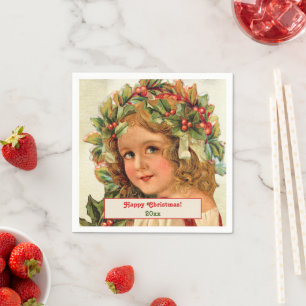 Vintage-Weihnachten-Kind Stechpalmenblätter im Haa Serviette