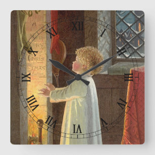 Vintage Weihnachten, Kind wärmt sich am Kaminfeuer Quadratische Wanduhr