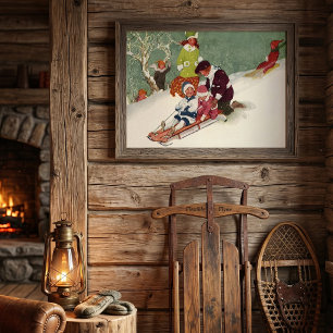 Vintage Weihnachten, Kinder beim Schlittenfahren i Poster