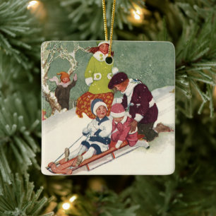 Vintage Weihnachten, Kinder rodeln im Schnee Keramikornament
