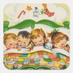 Vintage-Weihnachten Kinder schlafend Quadratischer Aufkleber