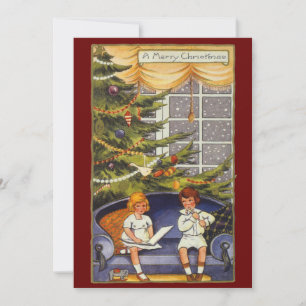 Vintage Weihnachten, Kinder sitzen auf einem Sofa Einladung