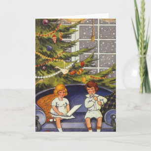 Vintage Weihnachten, Kinder sitzen auf einem Sofa Feiertagskarte