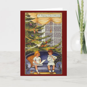 Vintage Weihnachten, Kinder sitzen auf einem Sofa Feiertagskarte