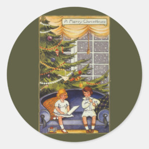 Vintage-Weihnachten, Kinder sitzen auf einem Sofa Runder Aufkleber