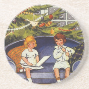 Vintage Weihnachten, Kinder sitzen auf einem Sofa Untersetzer