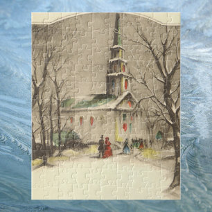 Vintage-Weihnachten, Kirche im Winter-Schneelandsc Puzzle
