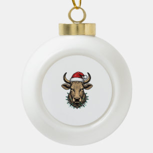 Vintage-Weihnachten-Kuh-Santa-Hut-Feiertags-Shirt_ Keramik Kugel-Ornament