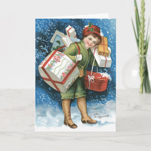 Vintage Weihnachten, Mädchen mit Geschenken im Sch Feiertagskarte