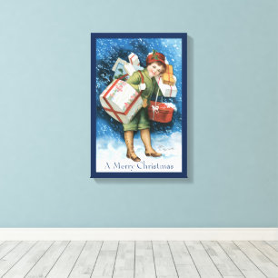 Vintage-Weihnachten, Mädchen mit Geschenken im Sch Leinwanddruck