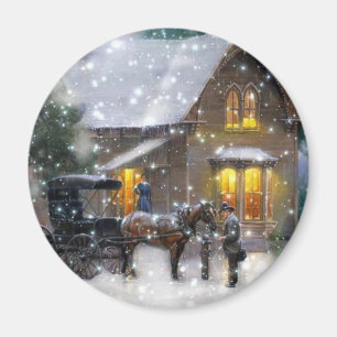 Vintage-Weihnachten-Pferdekutsche-Winterszene Magnet