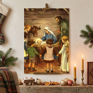 Vintage Weihnachten, religiöse Geburt mit Baby Jes Poster