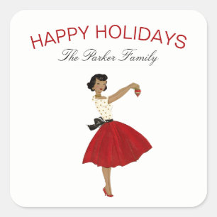 Vintage-Weihnachten Retro-Frau im Kleid Quadratischer Aufkleber