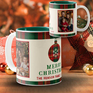 Vintage-Weihnachten Rot Grün Tartan Kariert 2 Foto Zweifarbige Tasse