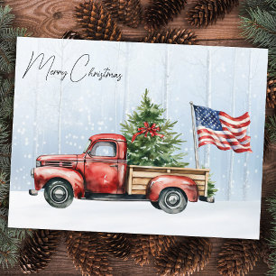Vintage-Weihnachten-Rot-LKW-Patriotische-USA-Flagg Feiertagspostkarte