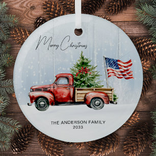 Vintage-Weihnachten-Rot-LKW-USA-Flagge-patriotisch Ornament Aus Glas