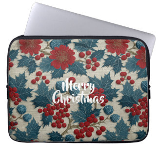 Vintage-Weihnachten Rote Beeren Botanische Leinen Laptopschutzhülle
