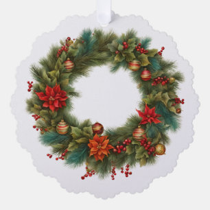 Vintage-Weihnachten rote Poinsettie, Beeren-Kranz Ornament Karte