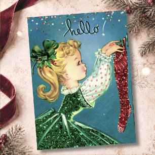 Vintage Weihnachten rote Socken Glitter Mädchen Mo Einladung