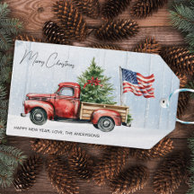Vintage-Weihnachten-Roter-LKW-Patriotische-USA-Fla
