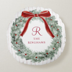 Vintage-Weihnachten-Rotes-Schleifen-Kranz-Monogram Rundes Kissen