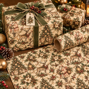 Vintage-Weihnachten Salbeigrün und Beige Wald Geschenkpapier