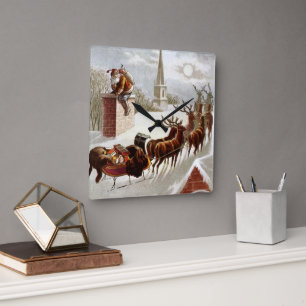 Vintage Weihnachten, Sankt Nikolaus auf dem Dach Quadratische Wanduhr