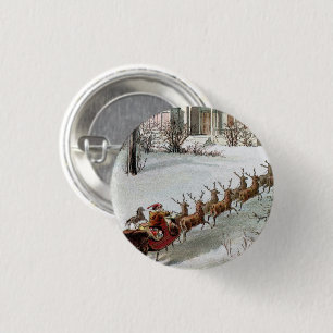 Vintage Weihnachten, Sankt Nikolaus mit Rentieren Button