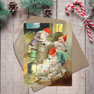 Vintage-Weihnachten Santa Claus Elf Gnom Geschenke Feiertagspostkarte
