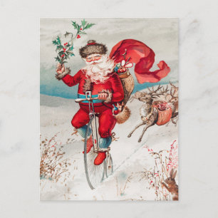 Vintage-Weihnachten-Santa-Claus-Fahrrad-Rentier Postkarte