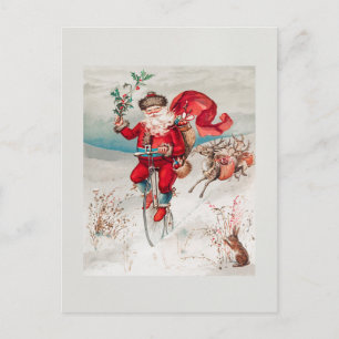 Vintage-Weihnachten-Santa-Claus-Fahrrad-Rentier Postkarte