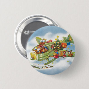Vintage Weihnachten, Santa Claus fliegt ein Flugze Button