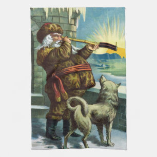 Vintage Weihnachten Santa Claus Teleskop Hund Sonn Geschirrtuch