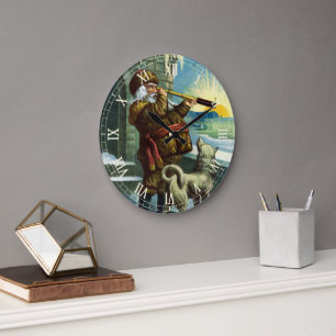 Vintage Weihnachten Santa Claus Teleskop Hund Sonn Große Wanduhr