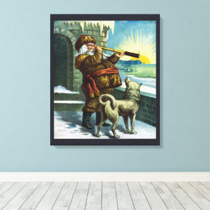 Vintage Weihnachten Santa Claus Teleskop Hund Sonn Leinwanddruck