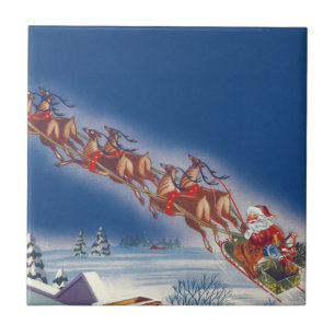 Vintage Weihnachten, Santa fliegt mit Schlitten un Fliese