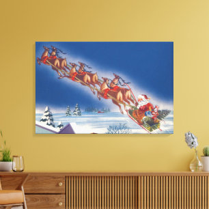 Vintage Weihnachten, Santa fliegt mit Schlitten un Leinwanddruck
