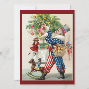 Vintage-Weihnachten-Santa-Onkel-Sam-dekoriert-Baum Feiertagskarte